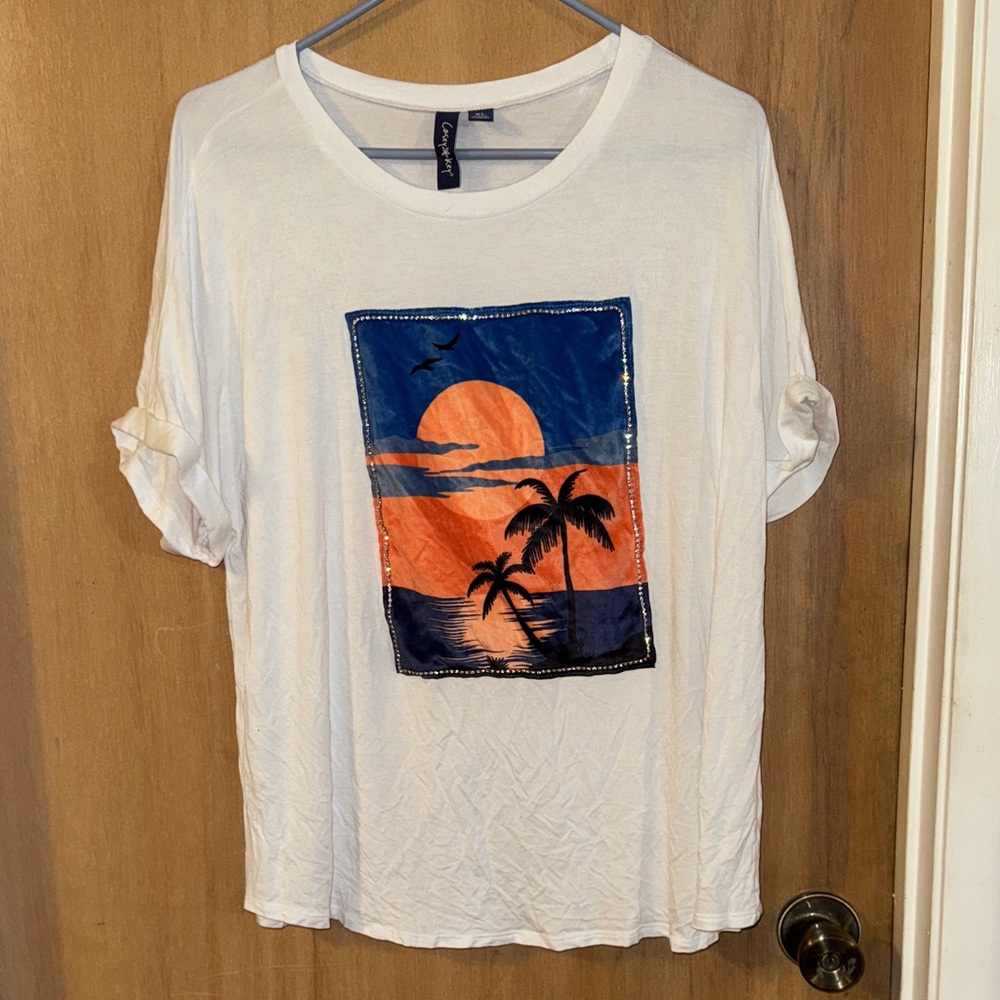 Casey Key White T-Shirt with Sunset Graphic Bordered by Rhinestones